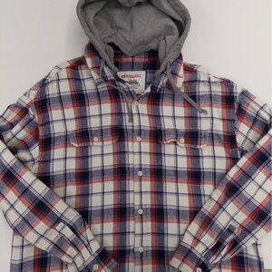 American Eagle AE Cozy Cabin Hoodie Flannel Plaid Shacket Red Blue White XXL